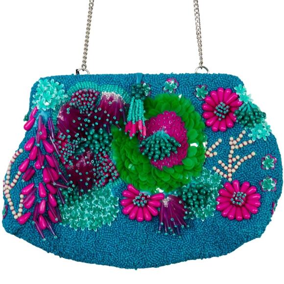 Zara Multicolor Floral Beaded Crossbody Bag with Silver Chain Strap Embellished - Picture 5 of 10